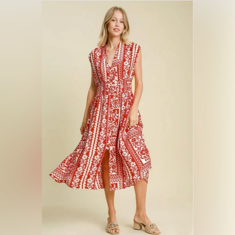 Umgee Red Floral V Neck Maxi Dress Pockets Size M NWT